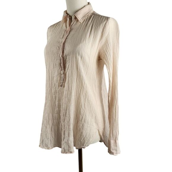 LOFT The Softened Shirt X-Small Crinkled Cotton Semi Sheer Pink White Stripes - Picture 4 of 13